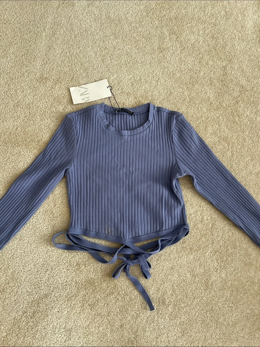 Zara Ribbed Long-Sleeve Tie-Front Top - Size Small